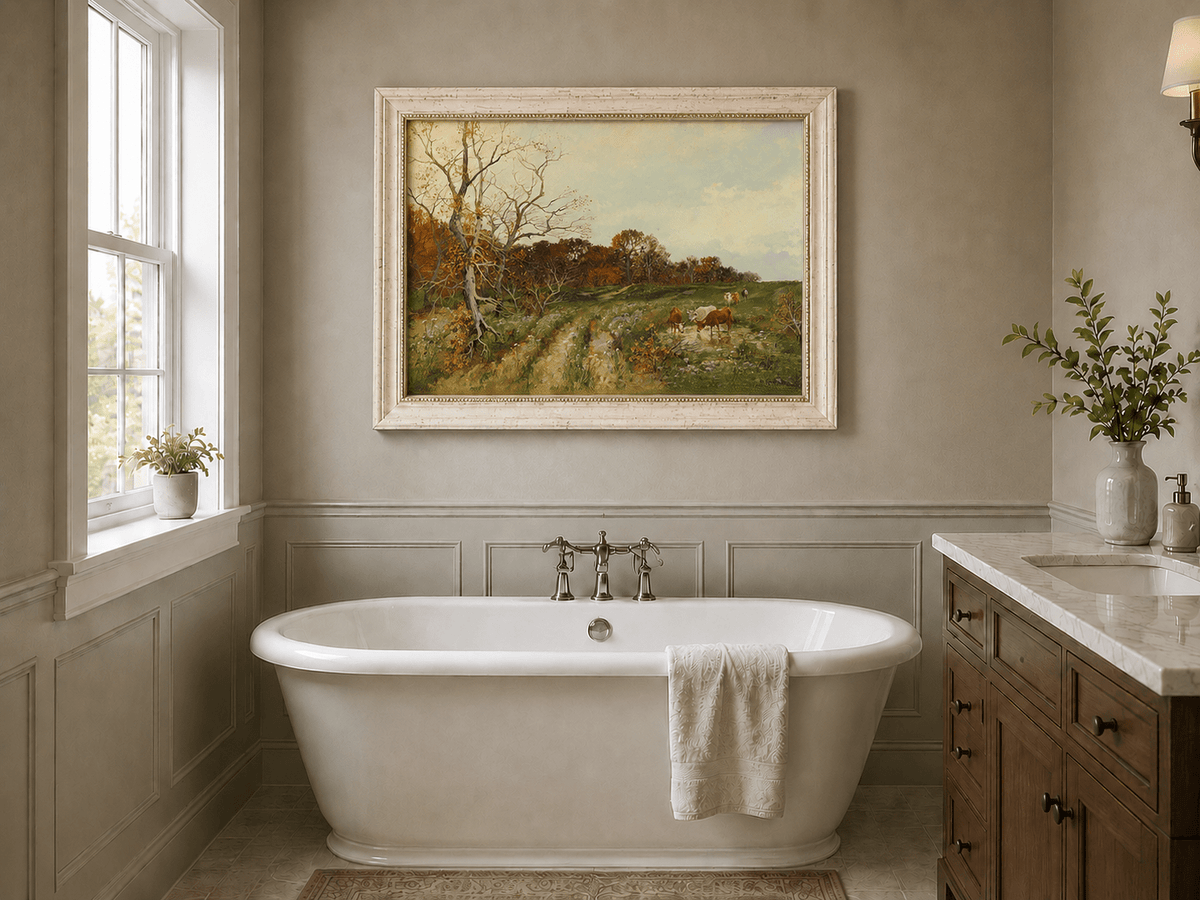 Landscape Oil Painting - Autumn Pasture with Cows and Meadow