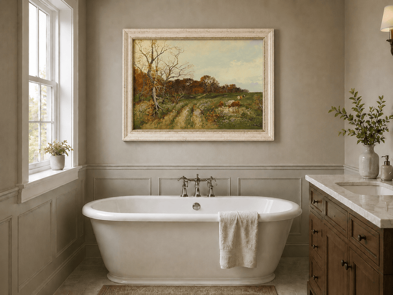 Landscape Oil Painting - Autumn Pasture with Cows and Meadow