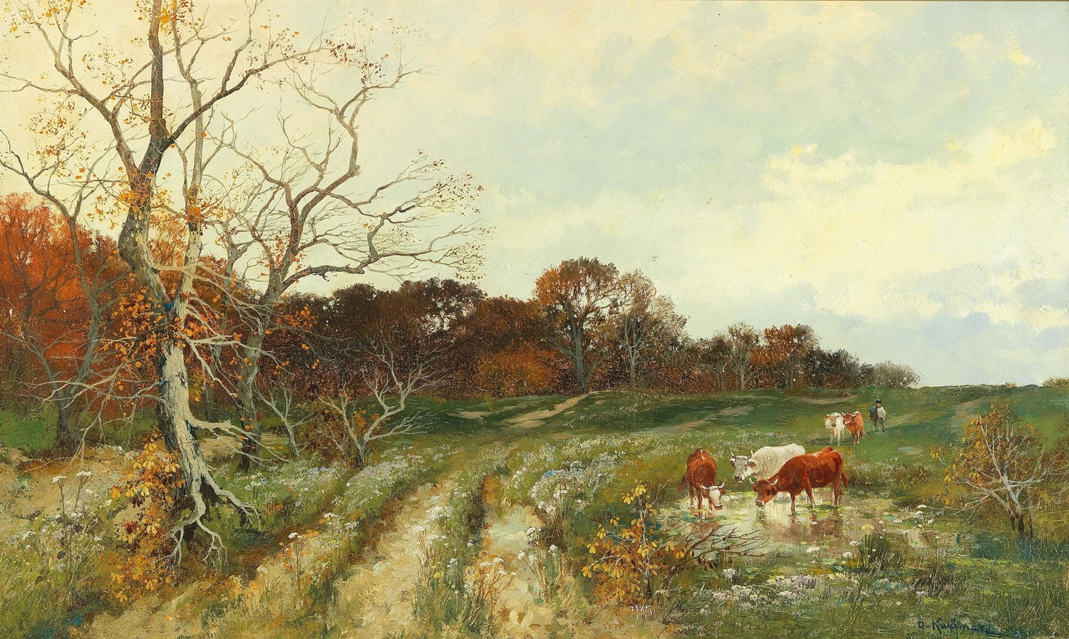 Landscape Oil Painting - Autumn Pasture with Cows and Meadow - Oil Painting Haven