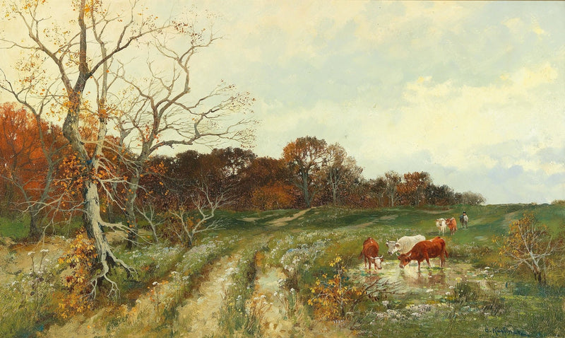 Hand-painted autumn pasture with cows and meadow landscape oil painting on canvas