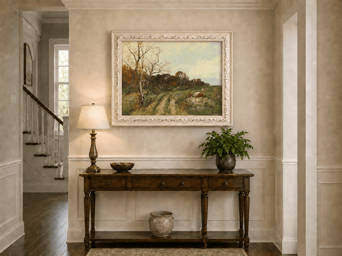 Landscape Oil Painting - Autumn Pasture with Cows and Meadow