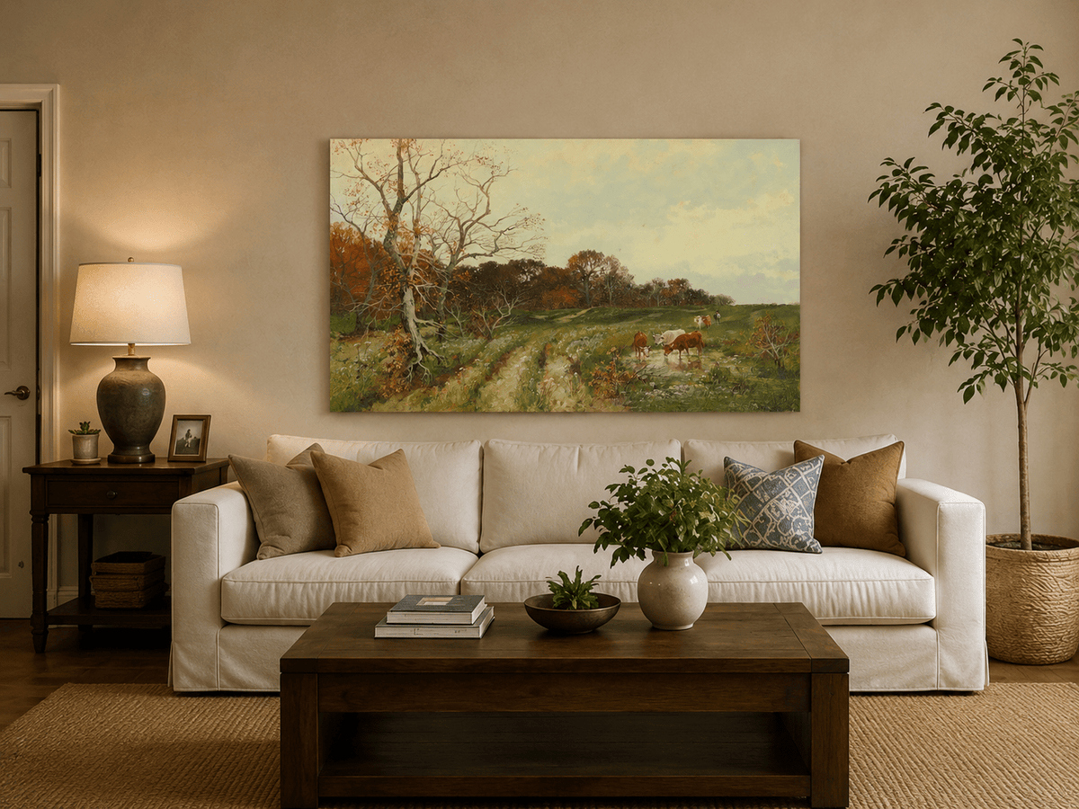 Landscape Oil Painting - Autumn Pasture with Cows and Meadow
