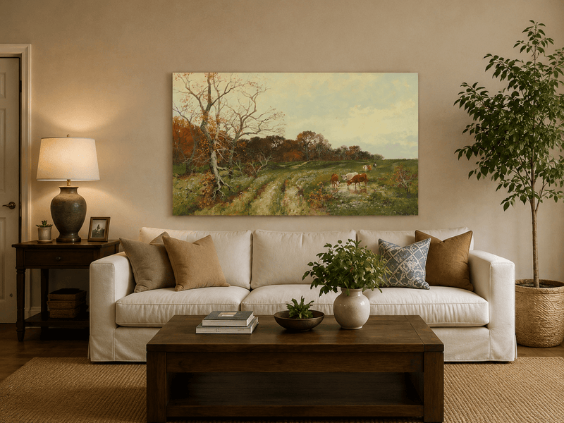 Landscape Oil Painting - Autumn Pasture with Cows and Meadow