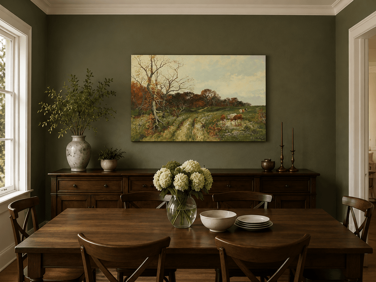 Landscape Oil Painting - Autumn Pasture with Cows and Meadow