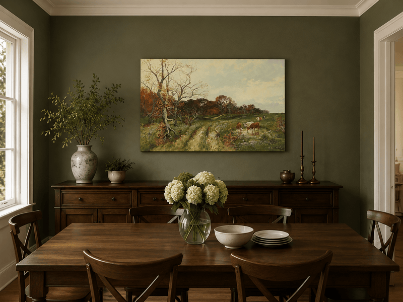 Landscape Oil Painting - Autumn Pasture with Cows and Meadow