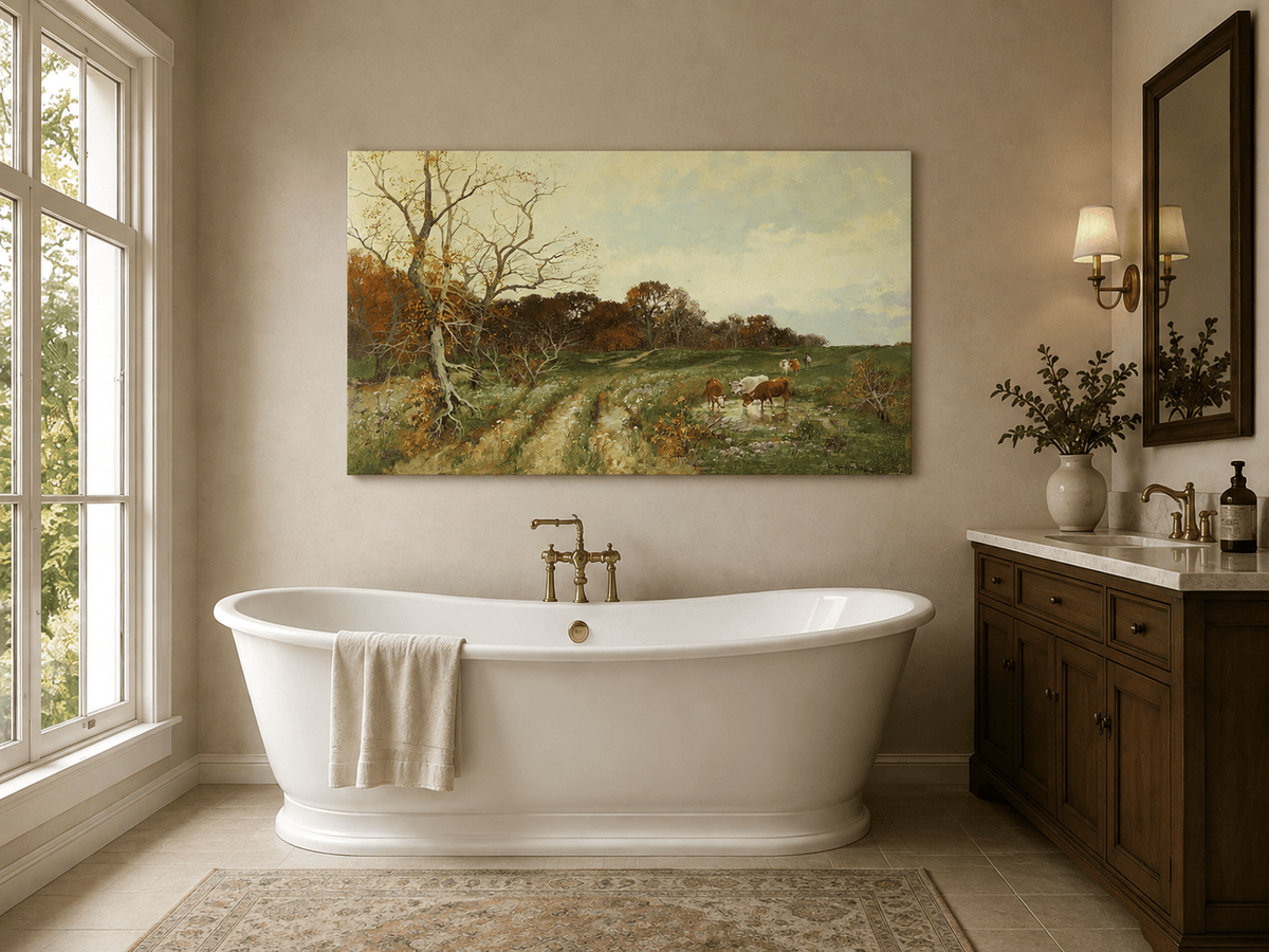 Landscape Oil Painting - Autumn Pasture with Cows and Meadow
