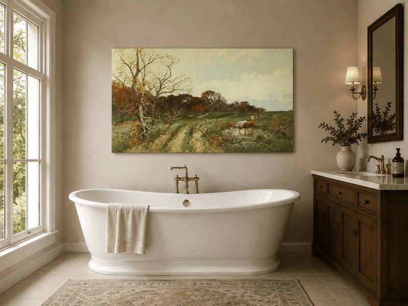 Landscape Oil Painting - Autumn Pasture with Cows and Meadow