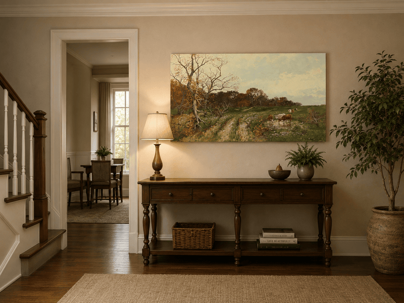 Landscape Oil Painting - Autumn Pasture with Cows and Meadow
