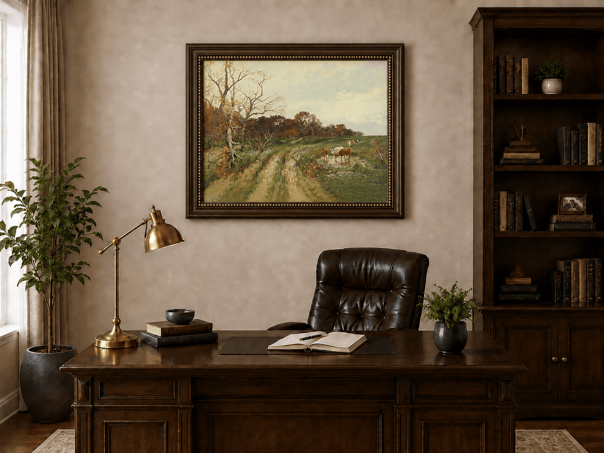 Landscape Oil Painting - Autumn Pasture with Cows and Meadow