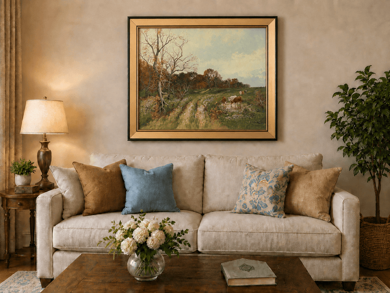 Landscape Oil Painting - Autumn Pasture with Cows and Meadow