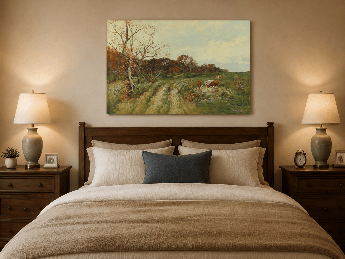 Landscape Oil Painting - Autumn Pasture with Cows and Meadow
