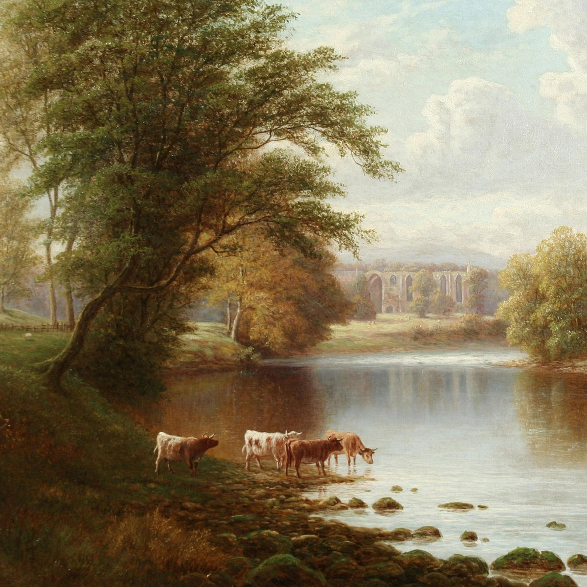 Landscape Oil Painting - Autumn river & cattle by shore & abbey ruins - Oil Painting Haven