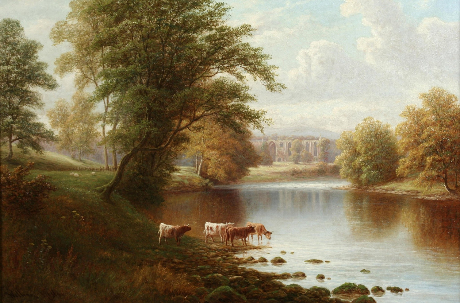 Landscape Oil Painting - Autumn river & cattle by shore & abbey ruins - Oil Painting Haven