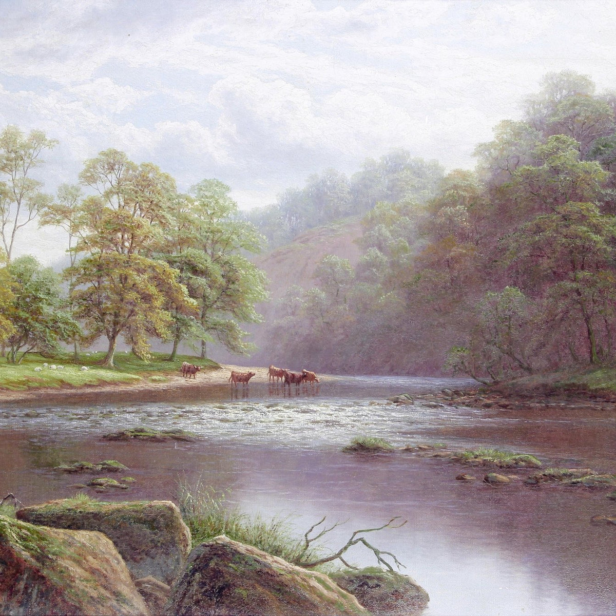 Landscape Oil Painting - Autumn river & cattle, mixed foliage - Oil Painting Haven