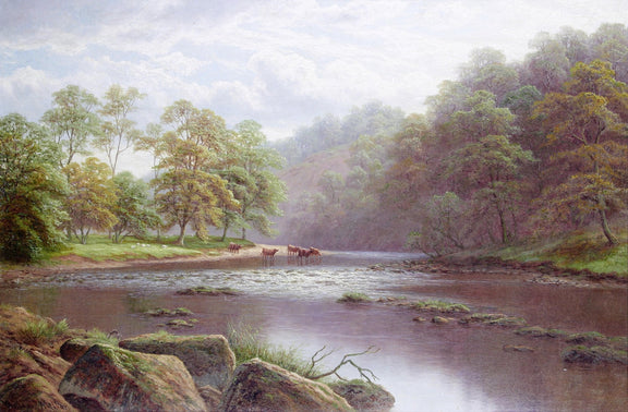 Landscape Oil Painting - Autumn river & cattle, mixed foliage - Oil Painting Haven