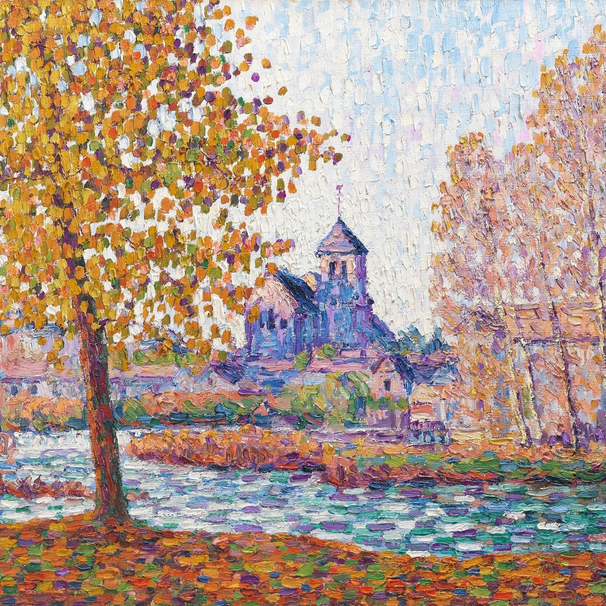 Hand-painted autumn river church with colorful trees landscape oil painting on canvas