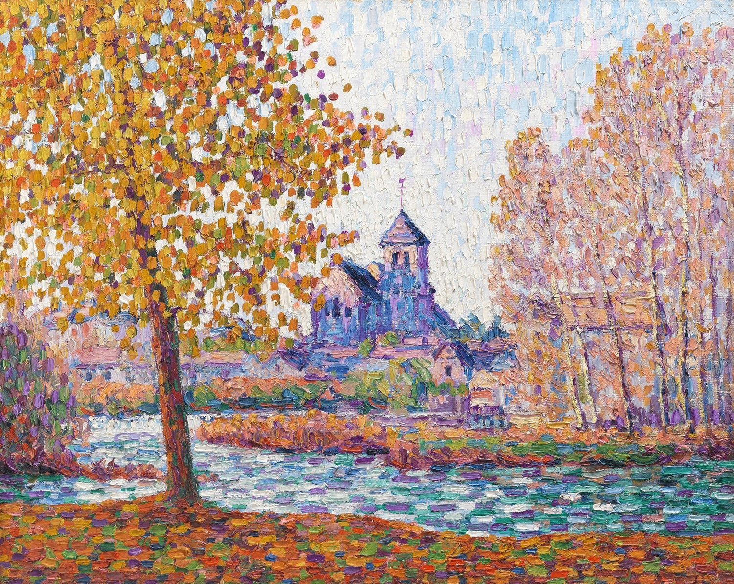 Landscape Oil Painting - Autumn River Church with Colorful Trees - Oil Painting Haven