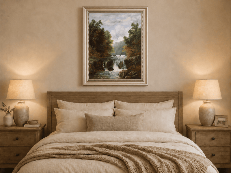 Landscape Oil Painting - Autumn River Gorge & Waterfalls