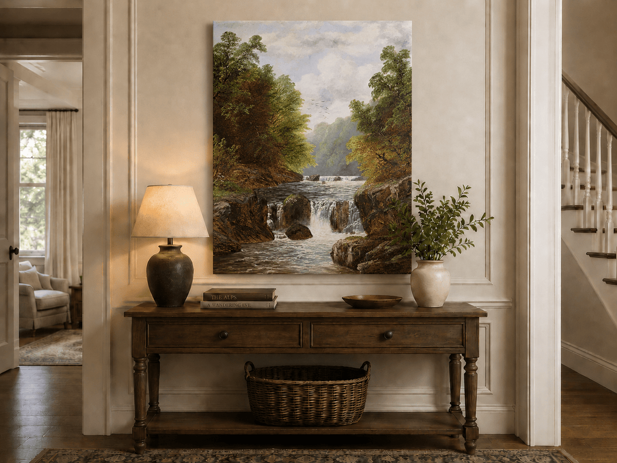 Landscape Oil Painting - Autumn River Gorge & Waterfalls