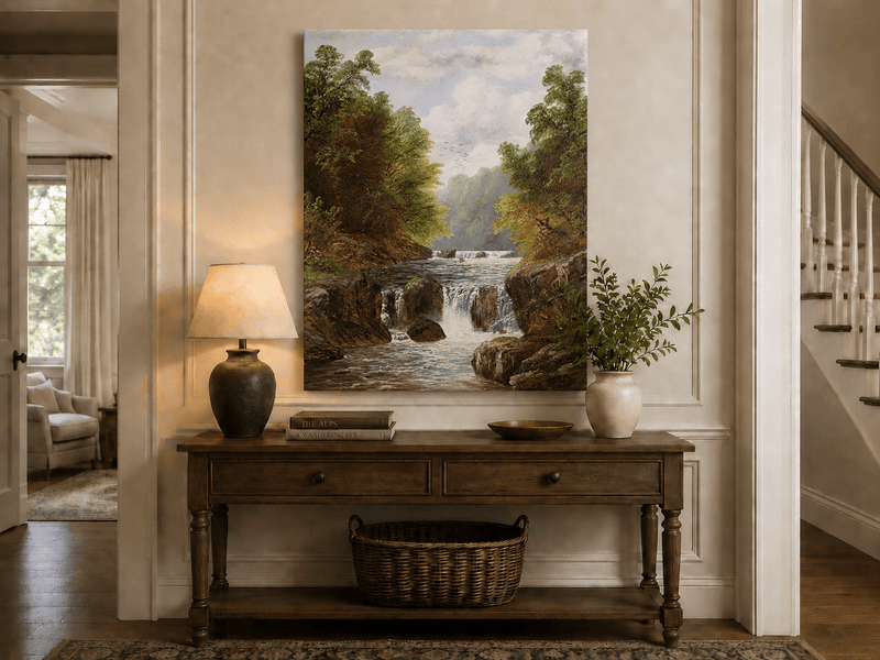 Landscape Oil Painting - Autumn River Gorge & Waterfalls