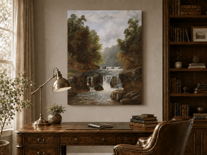 Landscape Oil Painting - Autumn River Gorge & Waterfalls