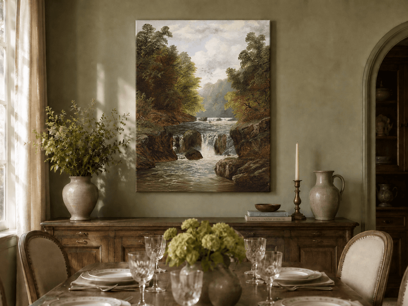 Landscape Oil Painting - Autumn River Gorge & Waterfalls