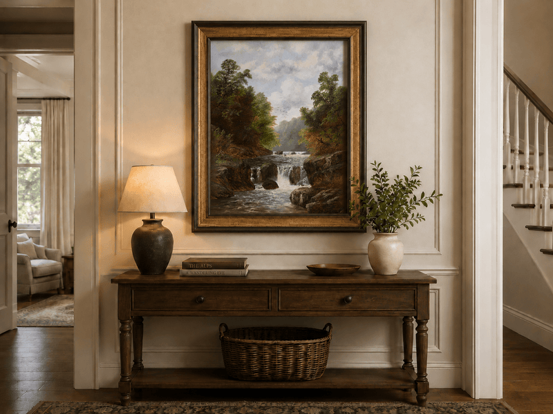 Landscape Oil Painting - Autumn River Gorge & Waterfalls