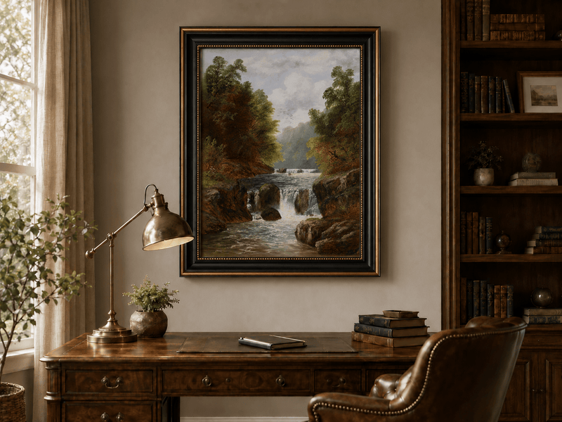 Landscape Oil Painting - Autumn River Gorge & Waterfalls