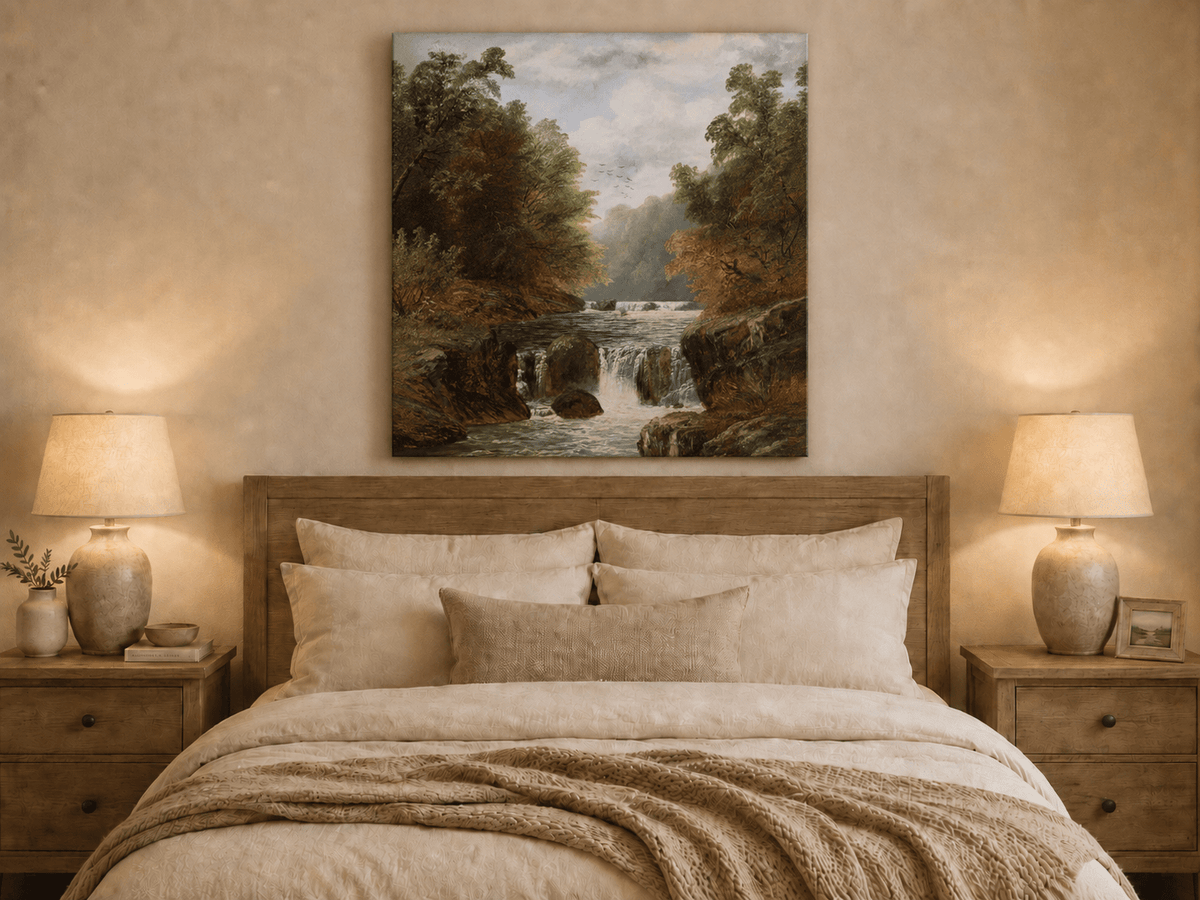 Landscape Oil Painting - Autumn River Gorge & Waterfalls