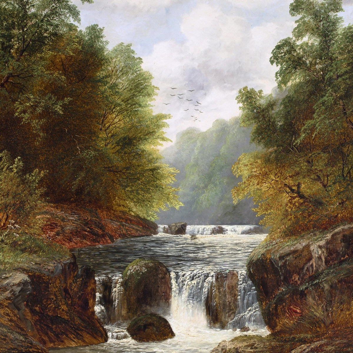Landscape Oil Painting - Autumn River Gorge & Waterfalls