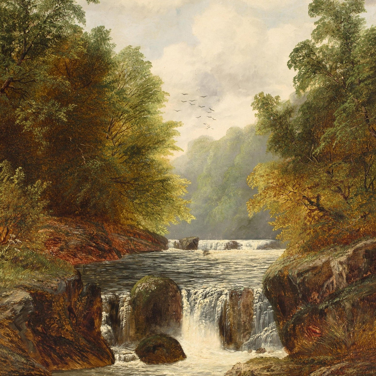 Landscape Oil Painting - Autumn river gorge & waterfalls, rocky banks - Oil Painting Haven