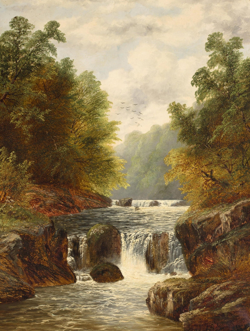 Landscape Oil Painting - Autumn river gorge & waterfalls, rocky banks - Oil Painting Haven