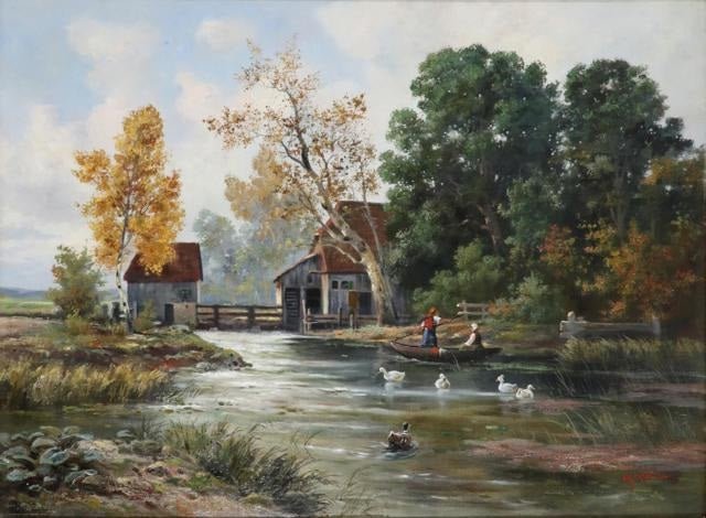 Landscape Oil Painting - Autumn River Mill with Boat and Swans - Oil Painting Haven