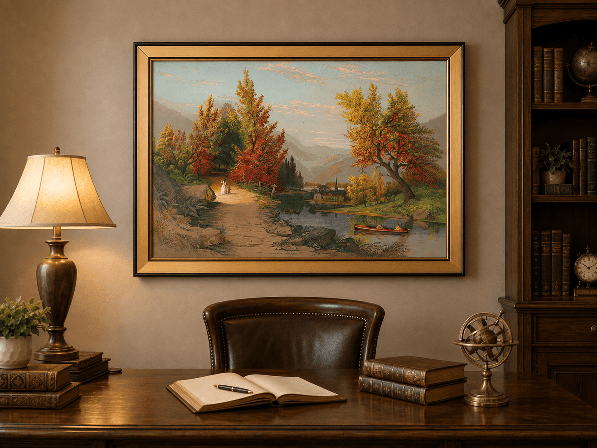 Landscape Oil Painting - Autumn River Path with Village, Figures