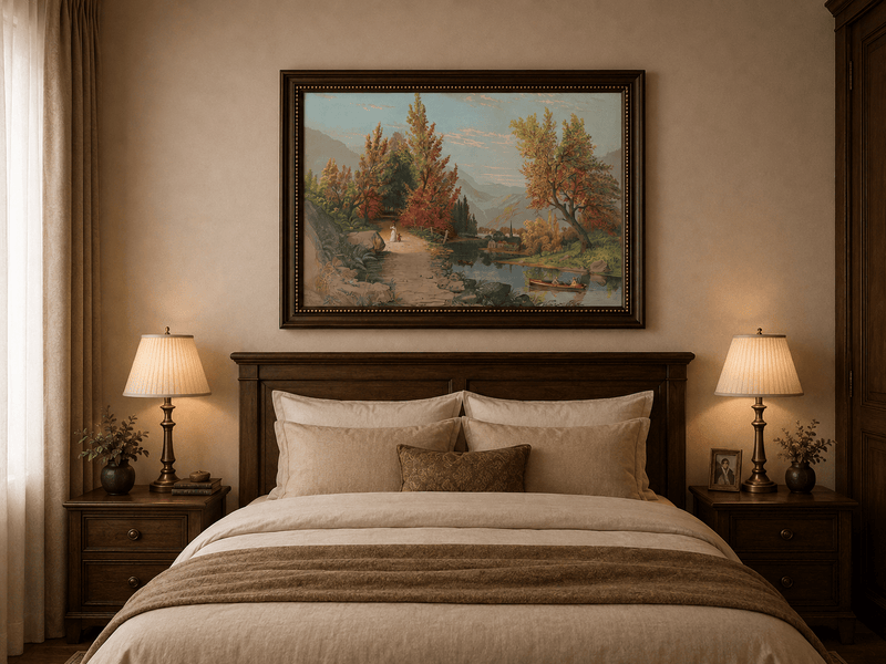 Landscape Oil Painting - Autumn River Path with Village, Figures
