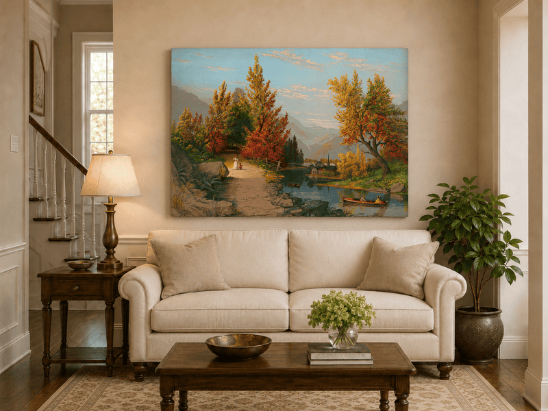 Landscape Oil Painting - Autumn River Path with Village, Figures