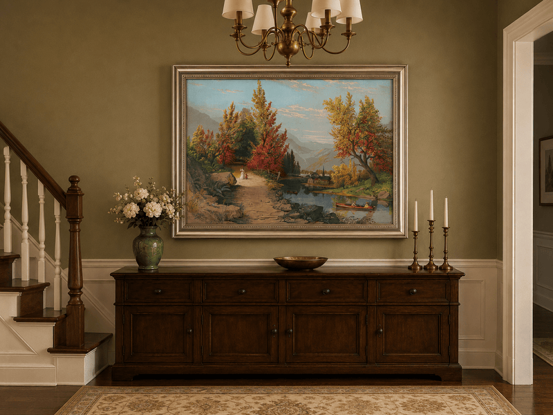 Landscape Oil Painting - Autumn River Path with Village, Figures