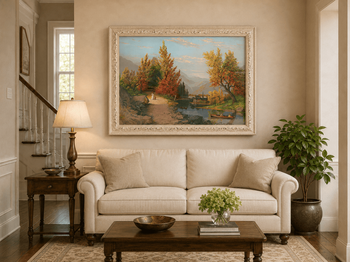 Landscape Oil Painting - Autumn River Path with Village, Figures