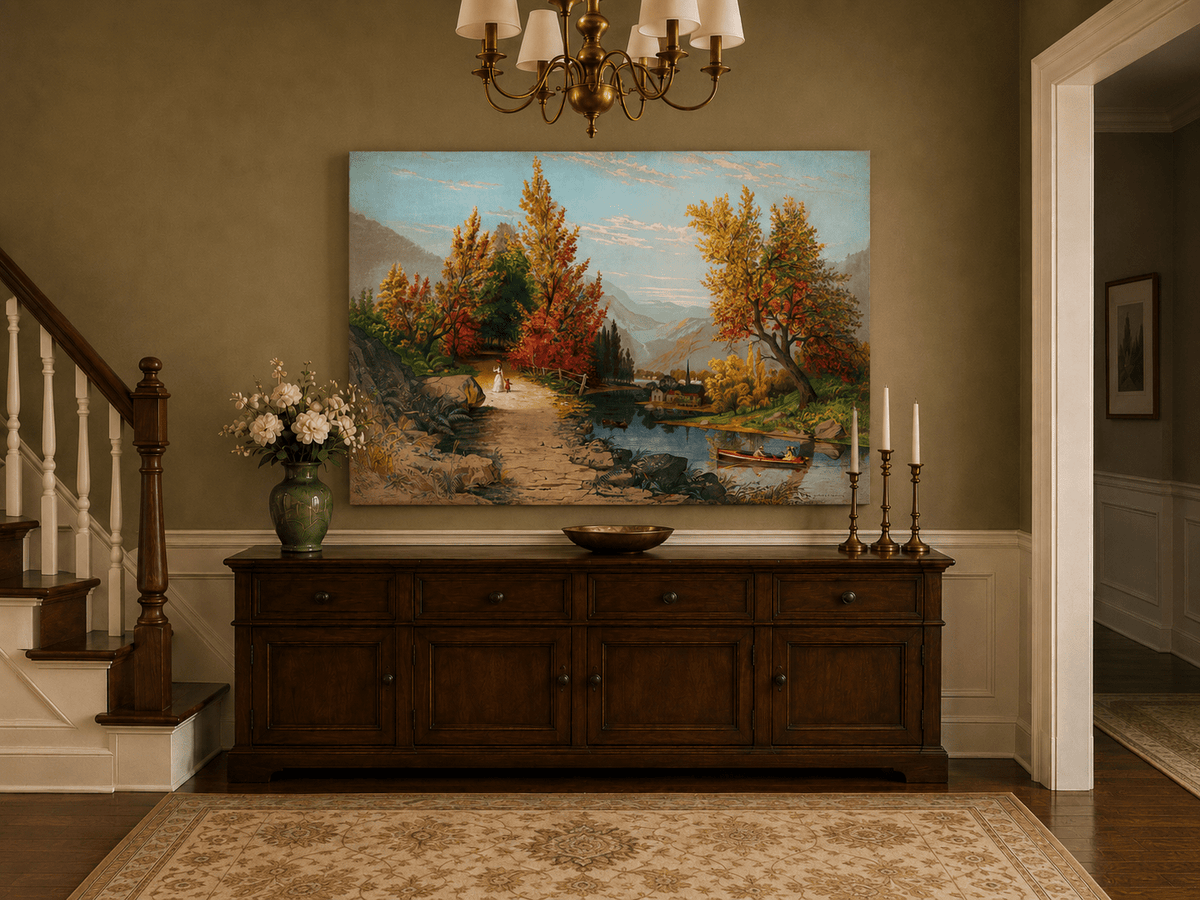 Landscape Oil Painting - Autumn River Path with Village, Figures