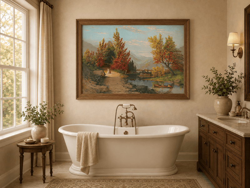 Landscape Oil Painting - Autumn River Path with Village, Figures