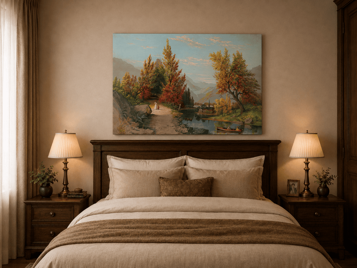 Landscape Oil Painting - Autumn River Path with Village, Figures