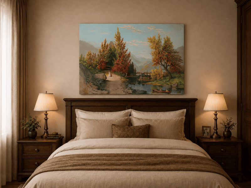 Landscape Oil Painting - Autumn River Path with Village, Figures