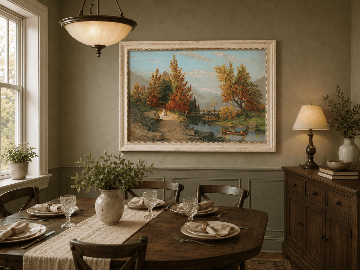 Landscape Oil Painting - Autumn River Path with Village, Figures