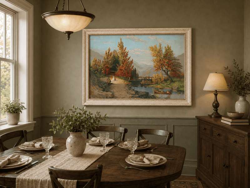 Landscape Oil Painting - Autumn River Path with Village, Figures
