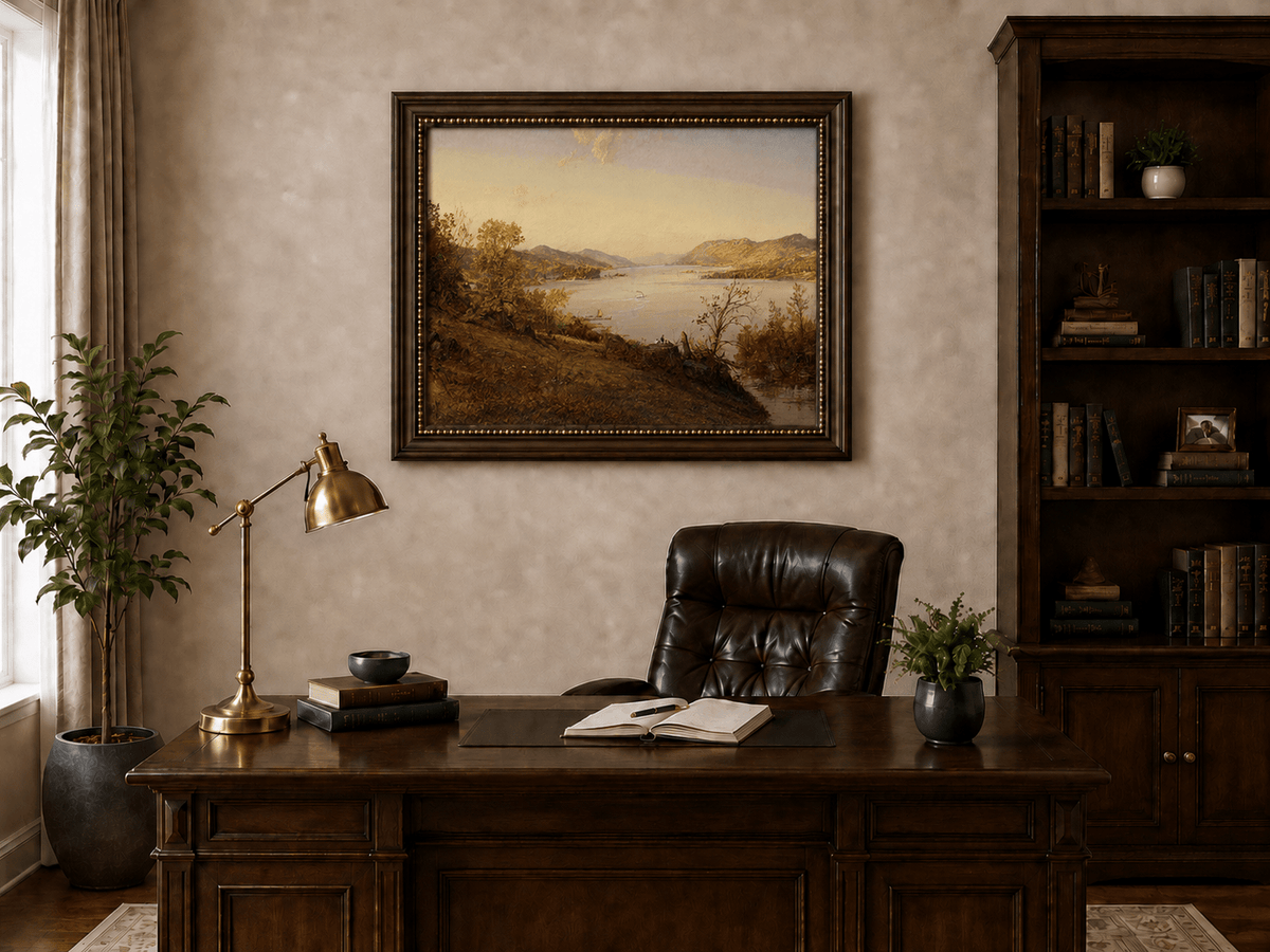 Landschaft Ölgemälde - Herbstliche Flusslandschaft Boote & Figuren