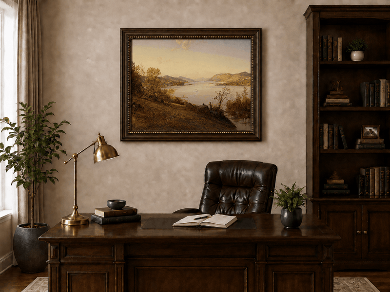 Landschaft Ölgemälde - Herbstliche Flusslandschaft Boote & Figuren