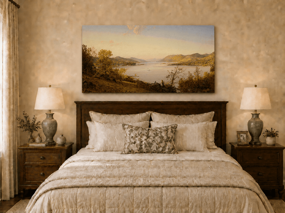 Landschaft Ölgemälde - Herbstliche Flusslandschaft Boote & Figuren