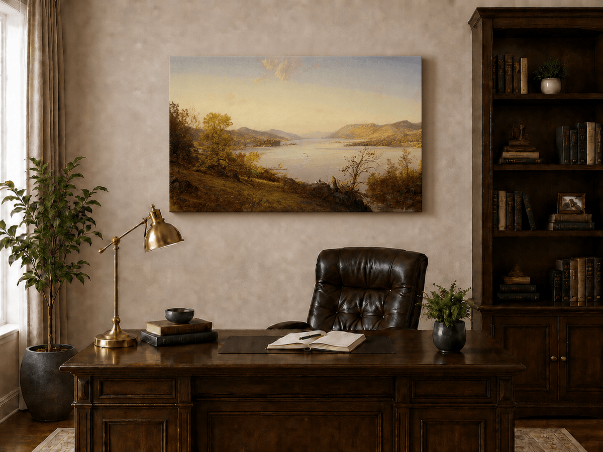 Landschaft Ölgemälde - Herbstliche Flusslandschaft Boote & Figuren