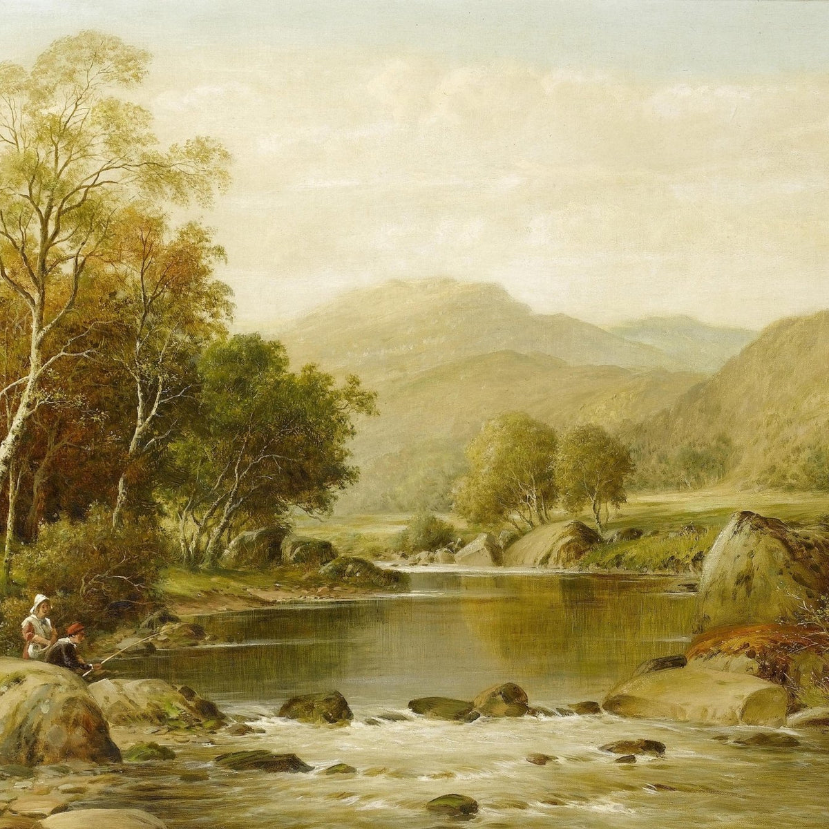 Landscape Oil Painting - Autumn river valley & fishing figures, trees - Oil Painting Haven