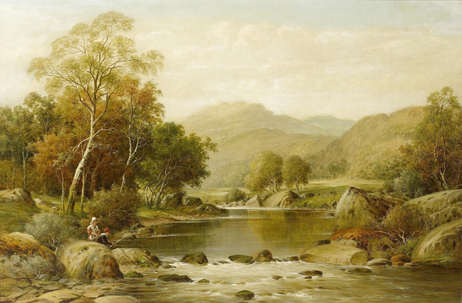 Landscape Oil Painting - Autumn river valley & fishing figures, trees - Oil Painting Haven
